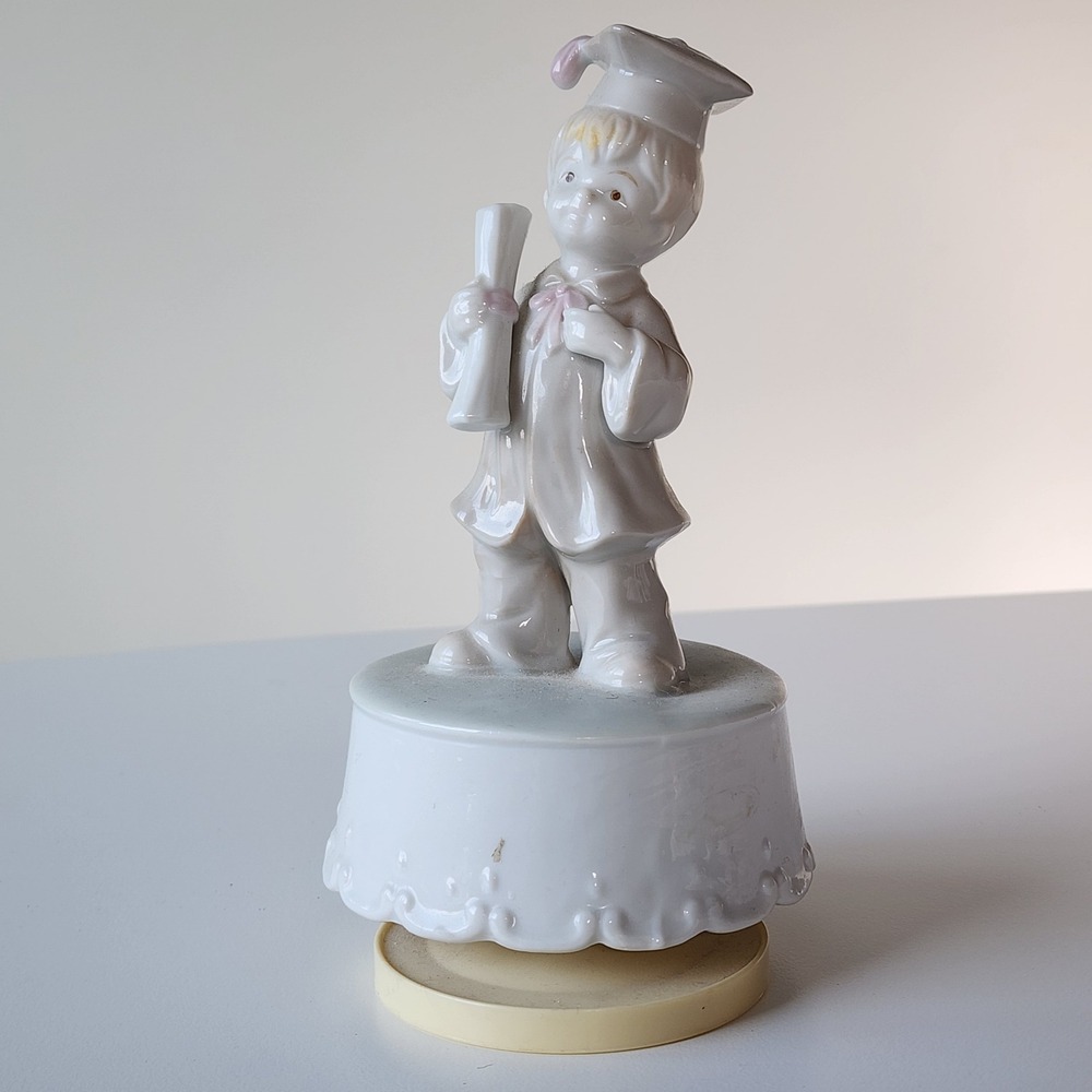 Summit Collection Graduation Boy Music Box White Porcelain Impossible Dream 1991